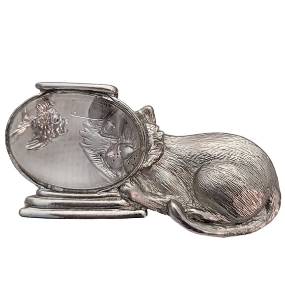 JJ Jonette Vintage Silver Tone Clear Lucite Cat and Fishbowl Brooch Pin, E951